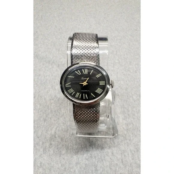 Vtg Fantasia Womens Swiss Movement Watch Silver Tone 28mm Black Oval Dial 1970's - Picture 2 of 10